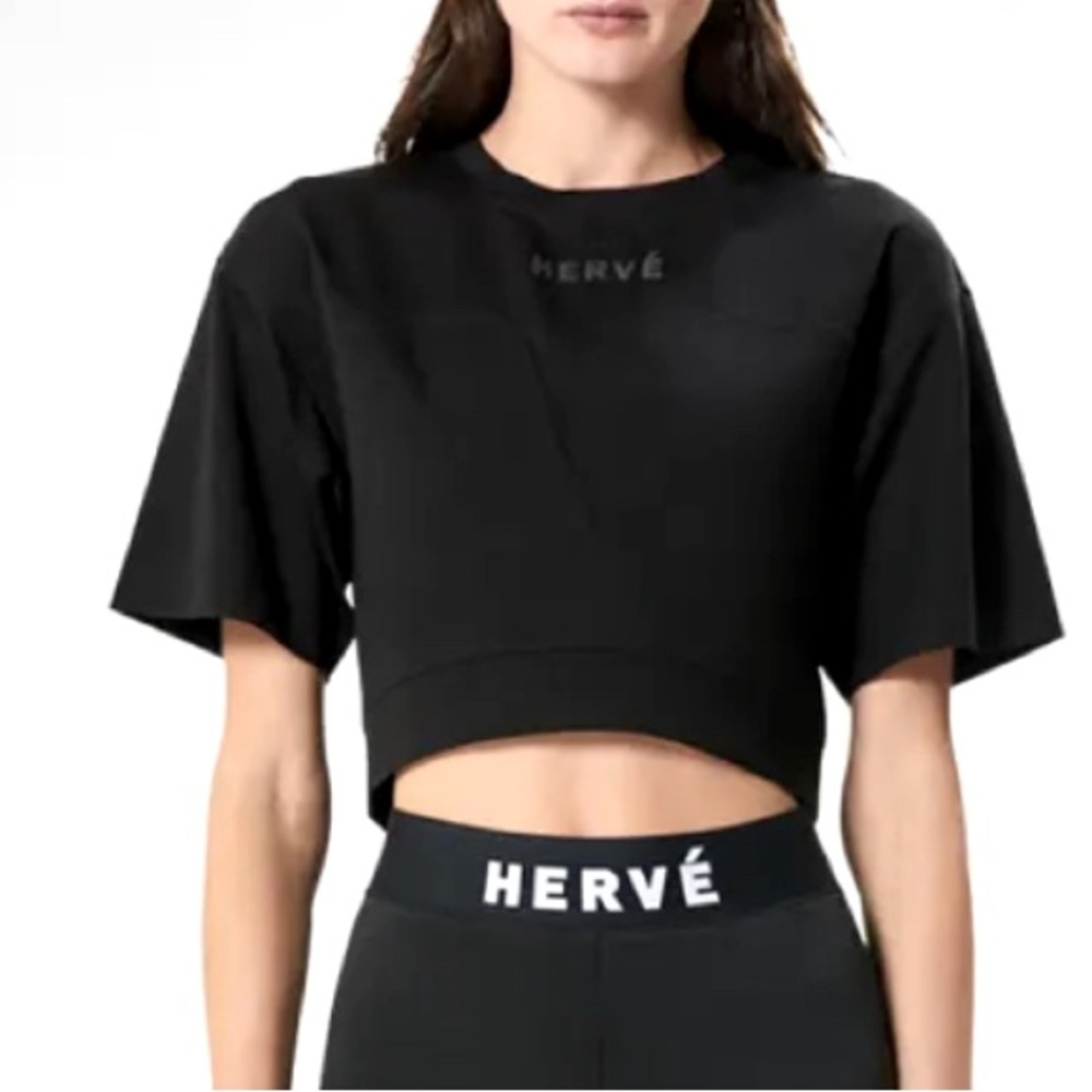 Herve by Herve Leger Short-Sleeve Logo Crop Tee